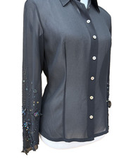Vtg Sz 4 Womens Black Blouse Semi-Sheer Sequin Slv Embellishment Dark Romantic