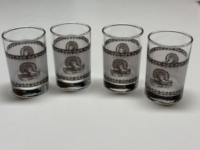 Lot of 4- Frosted Libbey Glass  Juice TUMBLERS -  BROWN WILD TURKEYS - Rare  !