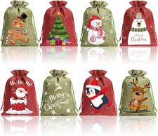 16 Pcs Christmas Burlap Bags with Drawstrings, 6 X 8In Small Christmas Gift Bags