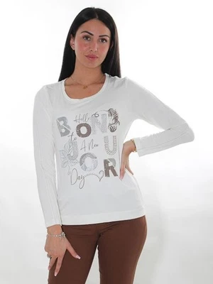 -50% Shirt Dolcezza S = 38 wollweiß off white Steine Glitzer Jersey Kunstdruck - Bild 1 von 3