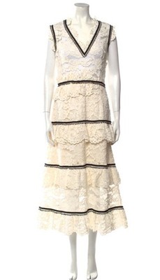 Self Portrait Tiered Lace Midi Dress in Ivory with Black Trim US 10