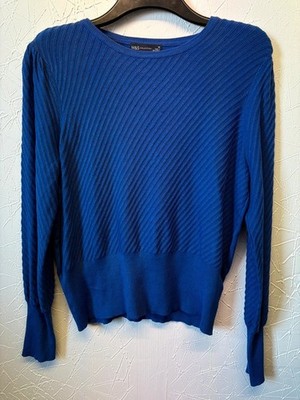 M&S Damen Pullover blau/lila gerippt UK 18 Rundhals Langarm weicher Strick 1399