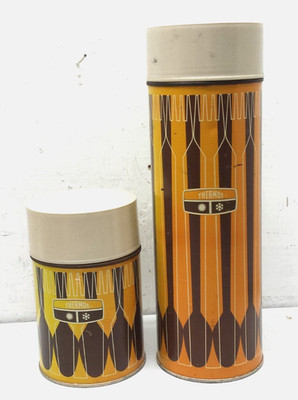 Two Matching 1971 King Seeley Wide Mouth Thermos 10 oz and Quart Clean!