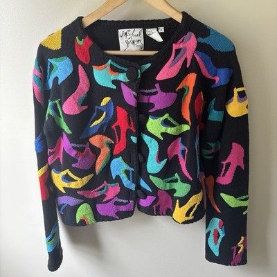Vintage Michael Simon New York 90 s Wearable Art Cardigan Sweater Size Med Shoes