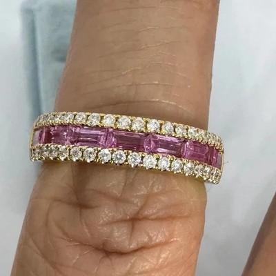 Wedding Band Half Eternity Ring 14K Yellow Gold Plated Simulated Pink Sapphire