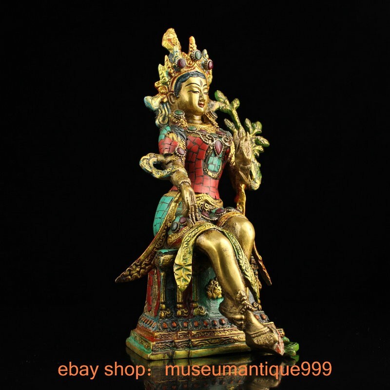 11.6" Tibetan Religion copper Gilt inlay gem Green Tara Goddess