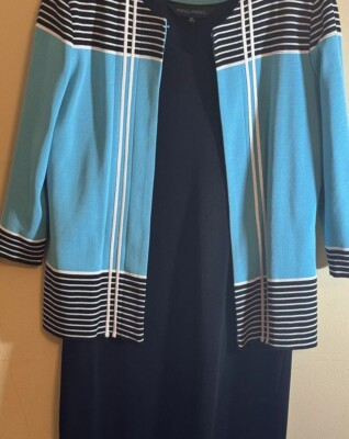 Ming Wang 2 Piece Jacket Dress V-Neck Midi 3/4 Sleeves Classic Sz  Small