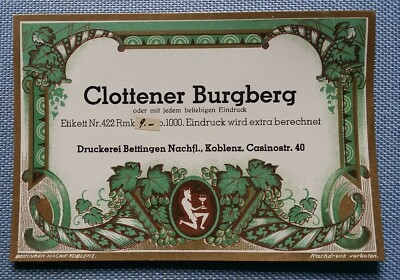 #ad Old Wine Label Sample Label Clottener Burgberg Koblenz Green $3.90