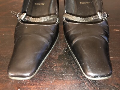 靴 PRADA Square Toe Leather Low Heels Prada Women's Black/Brown Kitten Heels * Square Toe * Italy *READ