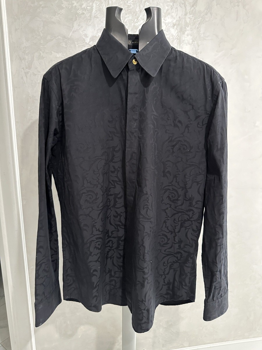 Gianni Versace Mens 40IT Black Shirt Black w/ print design Gold Medusa Accent