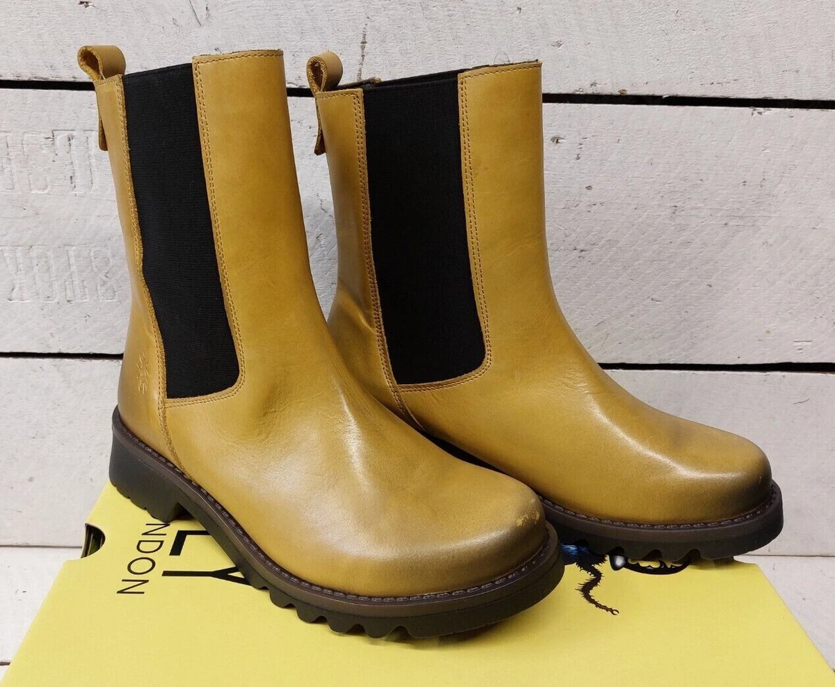 Ladies Fly London Rein 795 Mustard Leather Pull On Ankle Boots
