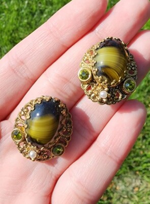WEST GERMANY BRASS FILIGREE PORPHYRY GLASS CABOCHON PEARL RHINESTONE  EARRINGS