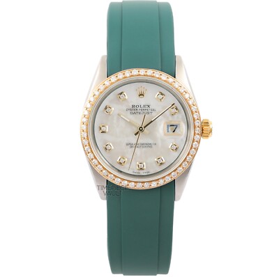 ROLEX DATEJUST 36MM GOLD & STEEL WHITE MOP DIAL DIAMOND BEZEL GREEN RUBBER STRAP