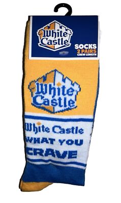 White Castle Odd Sox Crew Socks 2 Pair Men 8-12 W 9-13 Yellow Blue White Burger