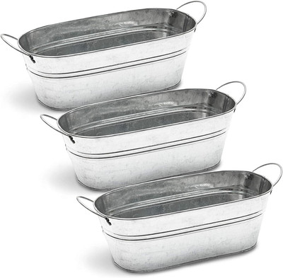 Galvanized Metal Oval Planter with Handles for Decor (11.8 X 5.5 X 4 In, 3 Pack)