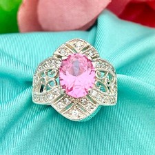 Silver LARGE Pink Quartz Filigree Ring-Sterling-8mmx6mm Quartz-1.75tcw