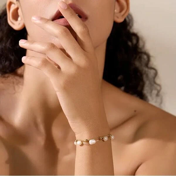 Armband Gold vergoldet Perlen weiß 18K Perlenarmband Edelstahl Damen B6340DL - Bild 2 von 4