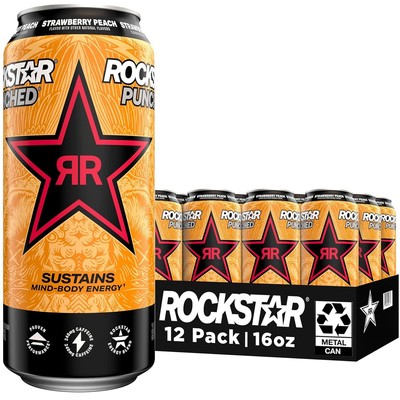 (12 Pack) Rockstar Punched Strawberry Peach Energy Drink with B Vitamins, 16 Oz