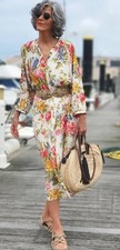 ZARA ECRU CREAM SUMMER FLORAL PRINT MIDI FLOWING DRESS BOHO FESTIVAL KAFTAN L