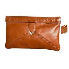 Vintage saddle brown leather envelope clutch bag 11x7 flex frame spring hinge