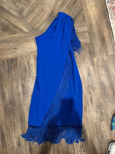 Badgley Mischka Crepe Single-Shoulder Fringed Cocktail Dress Sz 6 EUC - Picture 3 of 9