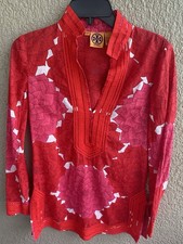Tory Burch Tory Tunic 2 Womans Ribbon Embellished Cotton Red Floral Long Sleeve