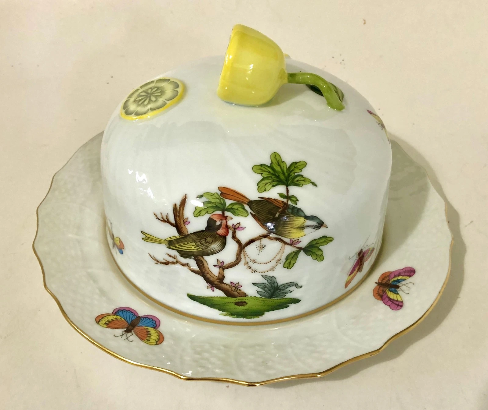 Herend Rothschild Birds Butter Dish, Lemon Finial, Vintage