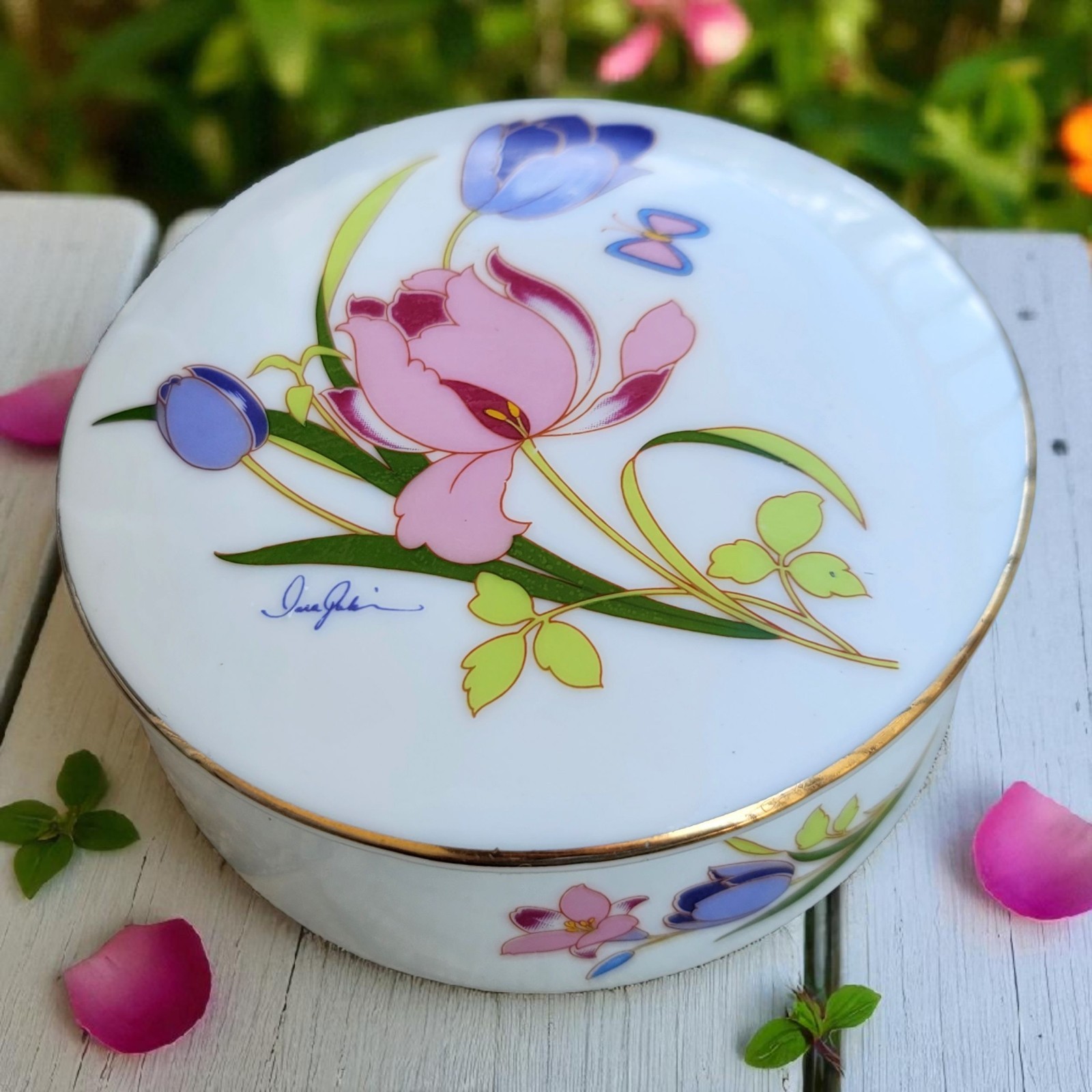 Vintage Hand Painted Round Trinket Dish Floral Japan