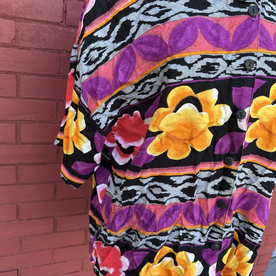 Camisa Vintage Años 80 Venezia Flora Abotonada Talla 2XL Eléctrica Neón Psicodélica Foto 3 de 4