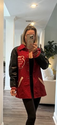 Vintage Varsity Long Letterman Car Coat Wool Leather Jacket Red Black Stadium