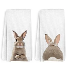 Bunny Rabbit Kitchen Towels and Dishcloths Set of 2, Farmhouse Funny Bunny Di...