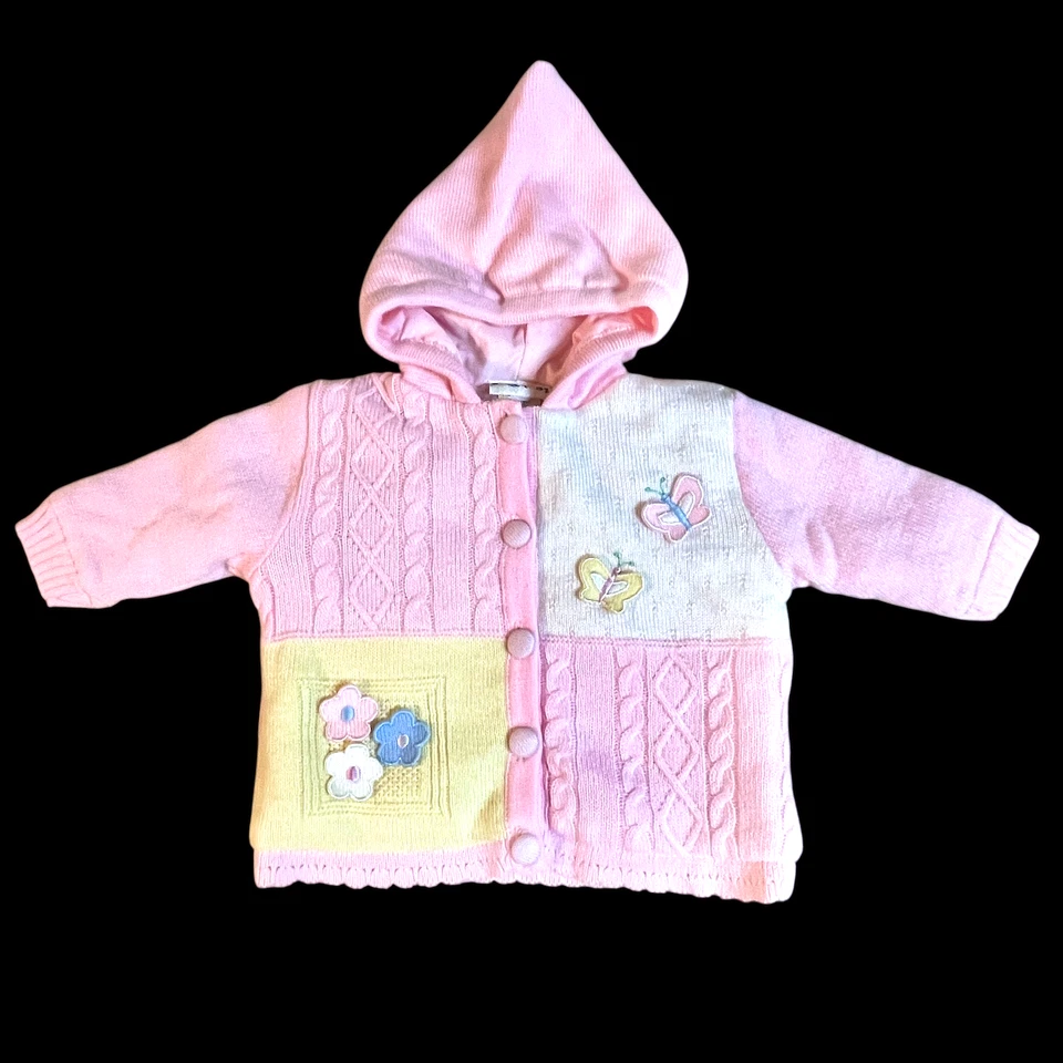 Conjunto Suéter Pantalones Tejido Vintage Bebé Niña Rosa Floral Mariposa Foto 4 de 4