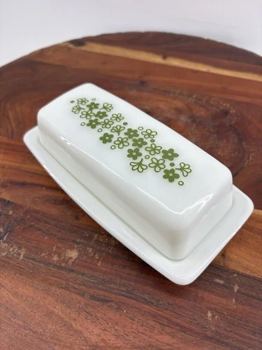 Pyrex Made in USA Vtg Crazy Daisy Green Spring Blossom 7 inch Butter Dish w/Lid