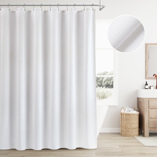 Linen Shower Curtain Neutral Linen Boho Farmhouse Shower Curtain with Hooks M...