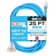 25 Ft All Weather Extension Cord with 3 Electrical Power Outlets - Extreme Cold