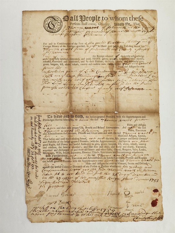 1753 antique COLONIAL DEED falmouth me THOMAS VARRELL fishermen DOLLIVER land