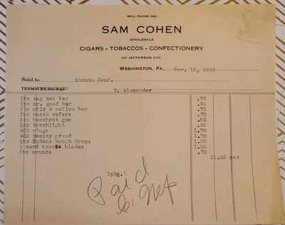 1933 Sam Cohen Wholesale Washington PA Candy Mounds Necco Mr Goodbar Stouts