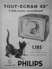 PUBLICITÉ PRESSE 1960 TÉLÉVISEUR PHILIPS TOUT ÉCRAN 43 Cm MOINS ENCOMBRANT -CHAT