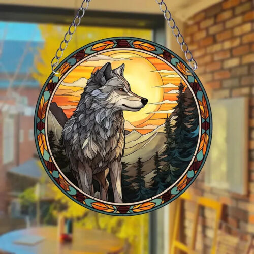 Mountain Wolf Design Suncatcher effetto vetro colorato decorazione casa regalo di Natale - Foto 1 di 5