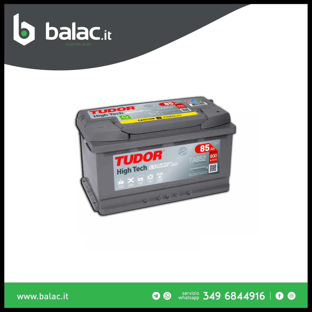 Batteria Tudor TA852 85Ah 800A 12V High Tech