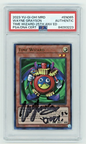 PSA Signed Wayne Grayson Yu-Gi-Oh! Time Wizard Metal Raiders MRD-E065 25th