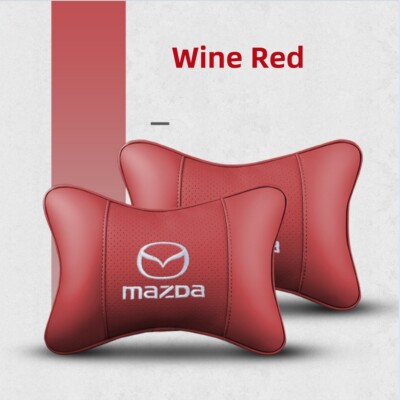 2pcs Wine Red Leather Car Neck Pillow Breathe Cushion Headrest Pillow For Mazda