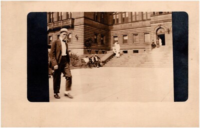 Man Walking Outside of Carnegie Library Pittsburgh Pennsylvania 1910s RPPC Photo