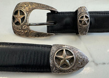 3-Piece Greg Jensen Sterling Stars Buckle Set w/ black belt, fit 1" width belt