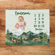 Custom Woodland Baby Milestone Blanket - Personalized Mountain Forest Nursery