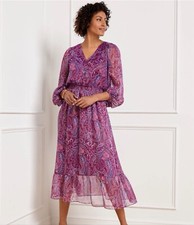 TALBOTS Paisley Fit Flare Chiffon Dress 16 Petite Sheer Purple Plum Metallic NEW