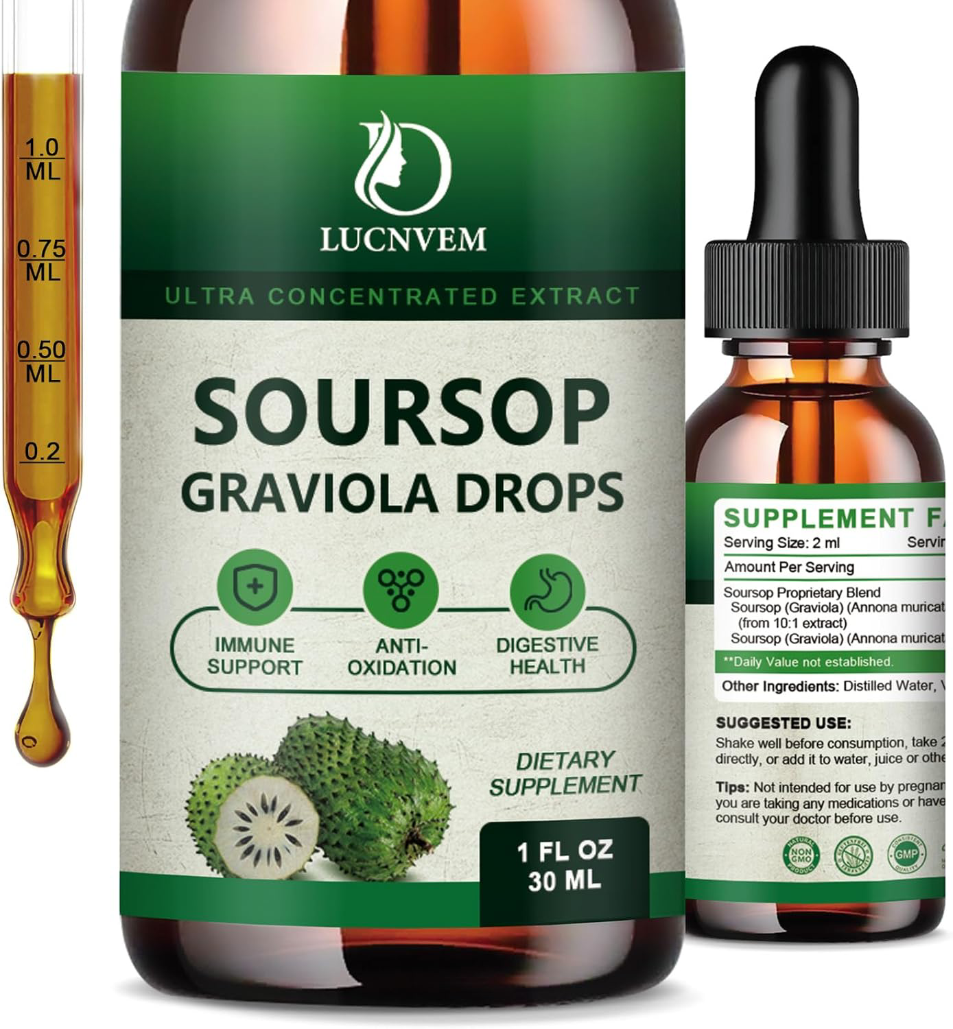Soursop Graviola Liquid Drops 2000mg, Soursop Extract Organic Pure for Natural &