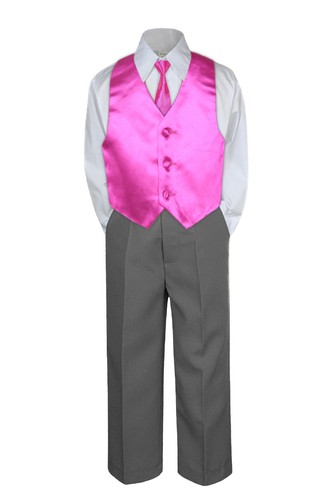 4pc Formal Dark GRAY Pants Shirt Set Satin Vest Necktie Boy Baby Toddler S-7 - Picture 9 of 25