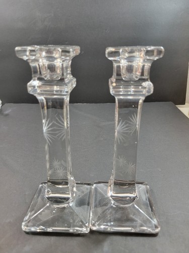 Set of 2 Vintage Crystal Etched Floral Clear Candlestick Holders 7.5" Tall - Picture 2 of 13