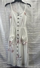 Angashion Women Spring White Floral Midi Dress with Buttons Size S With Pockets